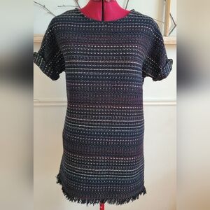 ZARA Black Tweed Mini Dress with Fringe Hem And Full Back Zipper - Small